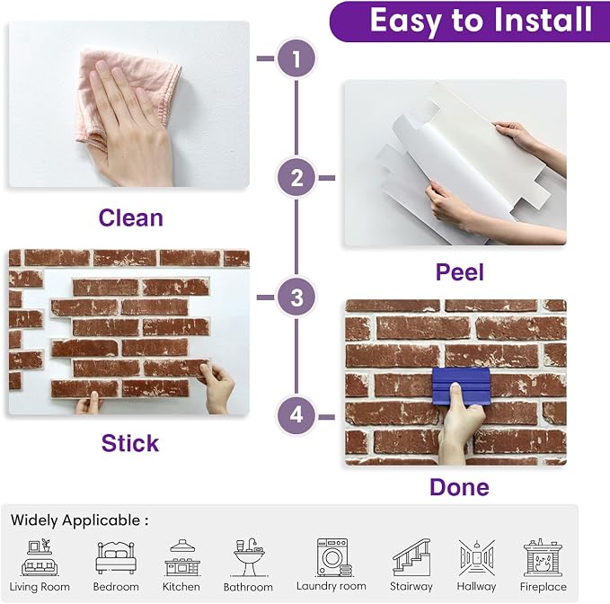 3D Peel and Stick Faux Brick Wall Panels 15.7" x 11.8" 10-Pack | Retro Brown, Brick-Look Textured Sticker, Thin Lightweight PVC Self Adhesive Wall Tiles for Interior Decor, Cover 12.9 sq ft - Image 8