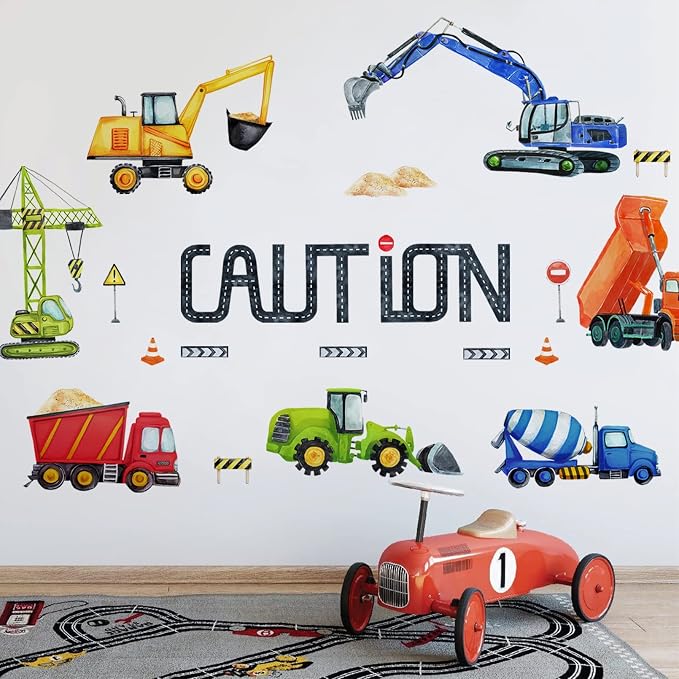 Mfault Baby Boys Construction Caution Vehicle Wall Decals Stickers | Large Trucks Tractor Excavator City Nursery Playroom Decorations Kids Room Art, Classroom Bedroom Home Decor Birthday Gift by Mfault