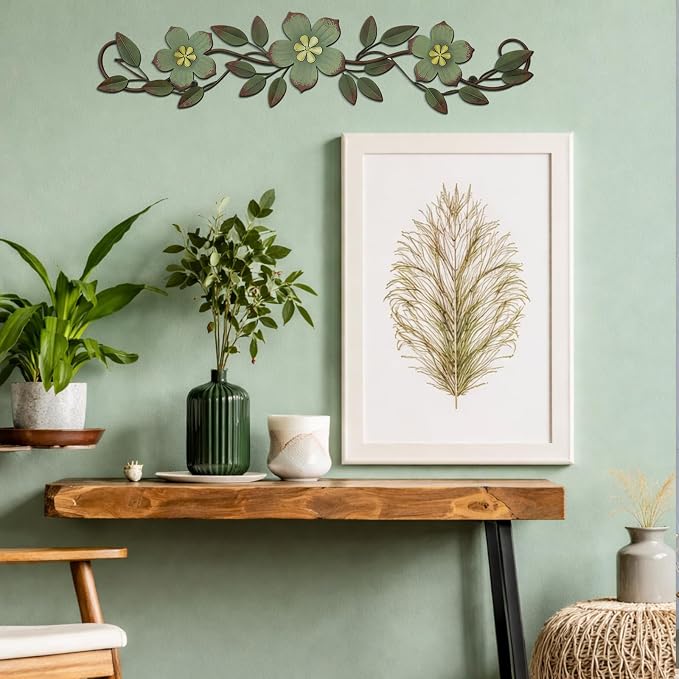 Wesiti Metal Flower Wall Decor Wrought Iron Scroll 15.7x3.7,Green | Vintage Metal Flower decor,Farmhouse Leaf Art with Nails, Flat Not 3D Design, For Bedroom Kitchen Indoor Outdoor Wall Decor - Image 5