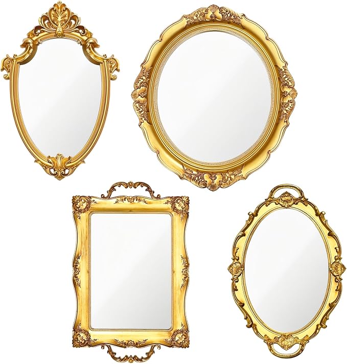 4 PCS Vintage Gold Mirror Set Vintage Mirrors for Wall Antique Shield Shape Square Oval Decorative Mirror Jewelry Dresser Organizer Tray for Living Room Bedroom Wedding Desktop Photography Decoration by Unknown