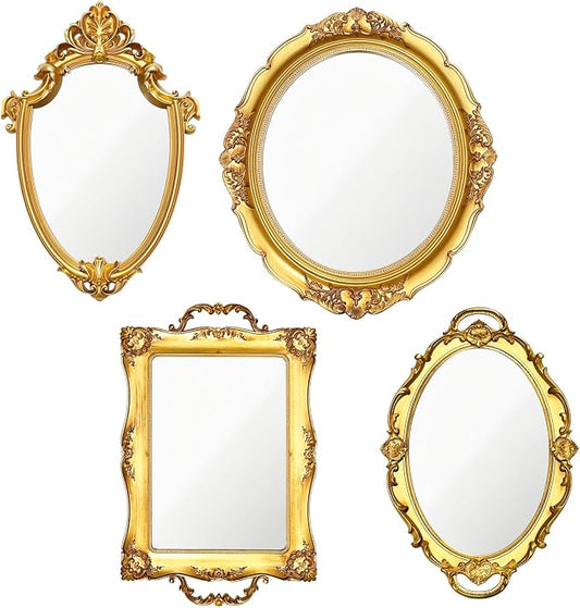4 PCS Vintage Gold Mirror Set Vintage Mirrors for Wall Antique Shield Shape Square Oval Decorative Mirror Jewelry Dresser Organizer Tray for Living Room Bedroom Wedding Desktop Photography Decoration by Unknown