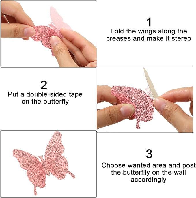 BBTO 48 Pcs 3D Butterfly Mirror Wall Decor,Glitter Pink | Butterfly Stickers,3 Sizes,for Birthday Party Cake,Room Nursery Bathroom Wall Decor,Removable Peel Stick,Reflective - Image 3