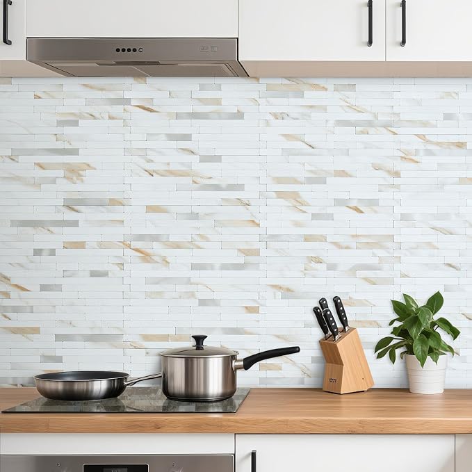 AULIGET 20 Sheets Calacatta Gold Peel and Stick Backsplash, PVC Mixed Metal Silver Wall Tile Stick on Backsplash for Kitchen and Bathroom - Image 2