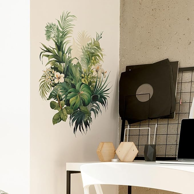 Botanical Wall Decals with Palm Leaves Lush Green Foliage White Flowers Removable Peel and Stick Wall Art 22.4x15.7 inches for Living Room Nursery Home Decor - Image 6