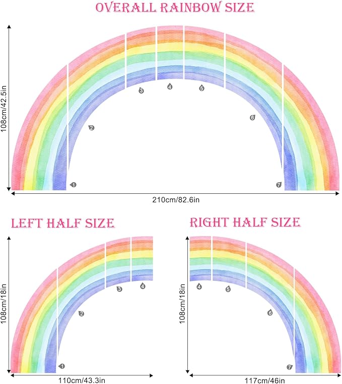 83"x43" Large Rainbow Wall Stickers, Mural Watercolor Half Rainbow Wall Decals Peel and Stick Vinyl Wall Art Decor for Girls Bedroom Kids Nursery Living Room Playroom Toddler - Image 4