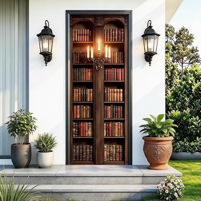 Dark Library Door Mural, Vintage Bookshelf Room Decor | Peel-and-stick vinyl door decal, self-adhesive home decor wallpaper, 30.3" W x 78.7" L, 2-pack by Cmialusie