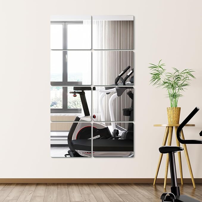JAMBALAY Home Gym Mirrors for Gym, 8Pcs 12″×14″ HD Glass Full Length Wall Mirror Tiles, Self Adhesive Frameless Wall Mirror for Bedroom, Living Room, Over The Door - Image 5