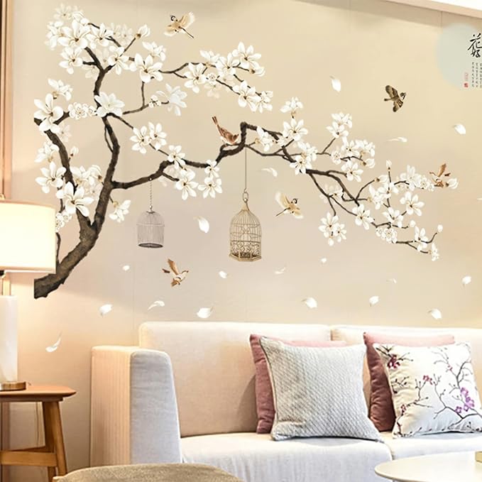 Large White Flower Wall Stickers, 50"x74" Removable DIY Romantic Cherry Blossom Tree Wall Murals Peel and Stick 3D Wall Art Stickers Home Decor for Gilrs Bedroom Nursery Rooms Living Room by BWCXXZH