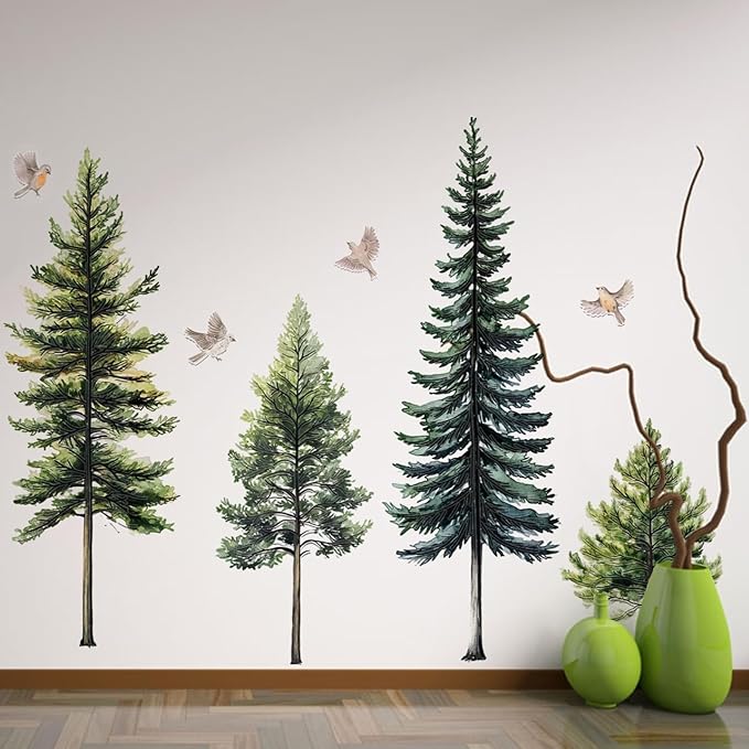 Lilac 46" Large Green Pine Tree Wall Decal 4 Sheets Peel and Stick Decor | Trees Birds Wall Stickers Self-adhesive Clings for Living Room Bedroom Classroom Nursery (Green Pine, 11.8 * 35.4inch) by Lilacanthara