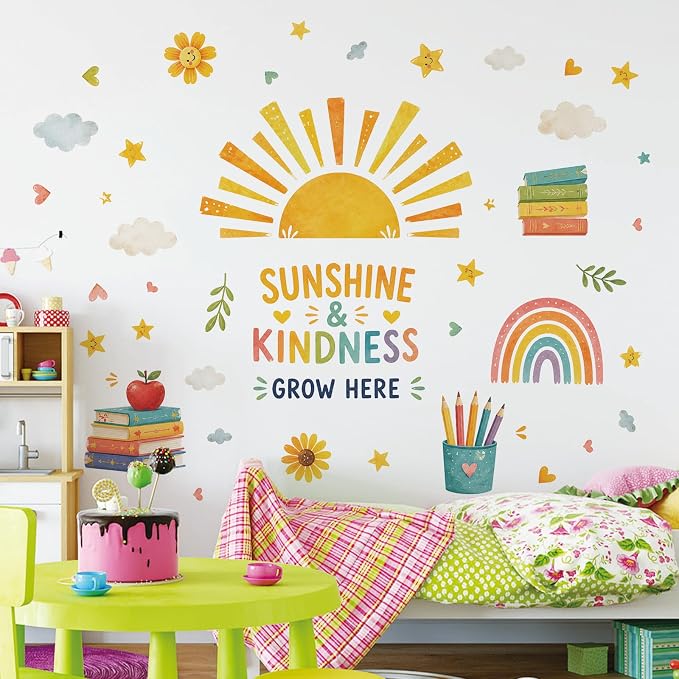 Boho Sun Wall Decal Watercolor Modern Half Sun Wall Decal Sun Rainbow Books Wall Stickers Vinyl Sticker for Classroom Playroom Bedroom Wall Decor - Image 6