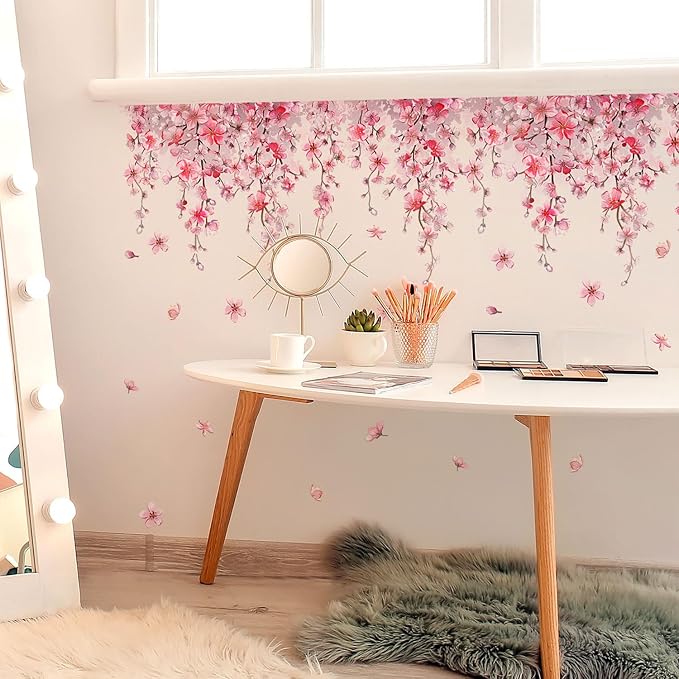 Cherry Blossom Flower Vine Wall Decal Peel and Stick Removable Floral Wall Art for Girls Bedroom Nursery Living Room Decor with Hanging Vines Blossoms - Image 4