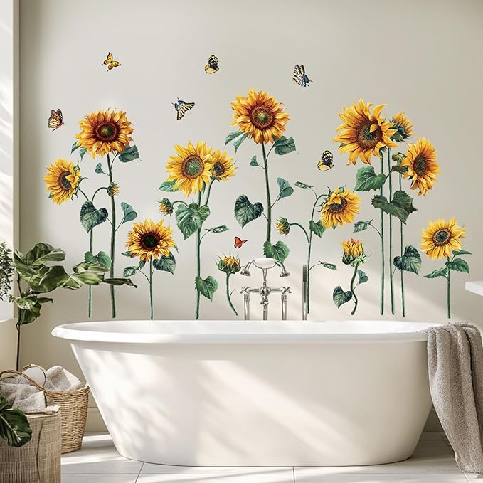 Watercolor Sunflower Wall Sticker Peel and Stick Flower Butterfly Wall Decal Vintage Floral Plant Wall Art Mural Green Leaf Wall Stickers for Living Room Bedroom Decor by Aurbhosa