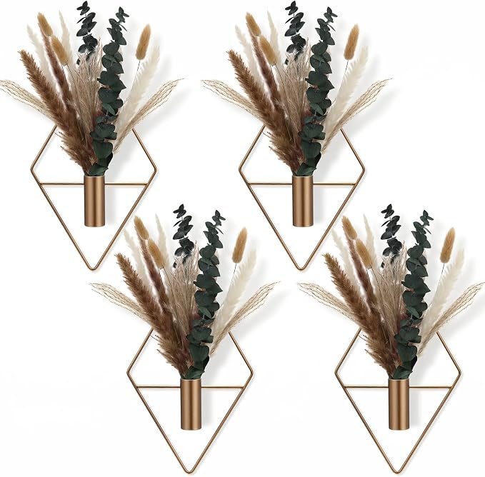 Jexine 4 Pcs Hanging Artificial Planters Wall Decor, Antique Copper, Pampas | Bathroom Wall Decor, Geometric Metal Vase, Indoor Plants, Living Room, Home Office, Entryway, Boho Accent, Wall Mounted by Jexine