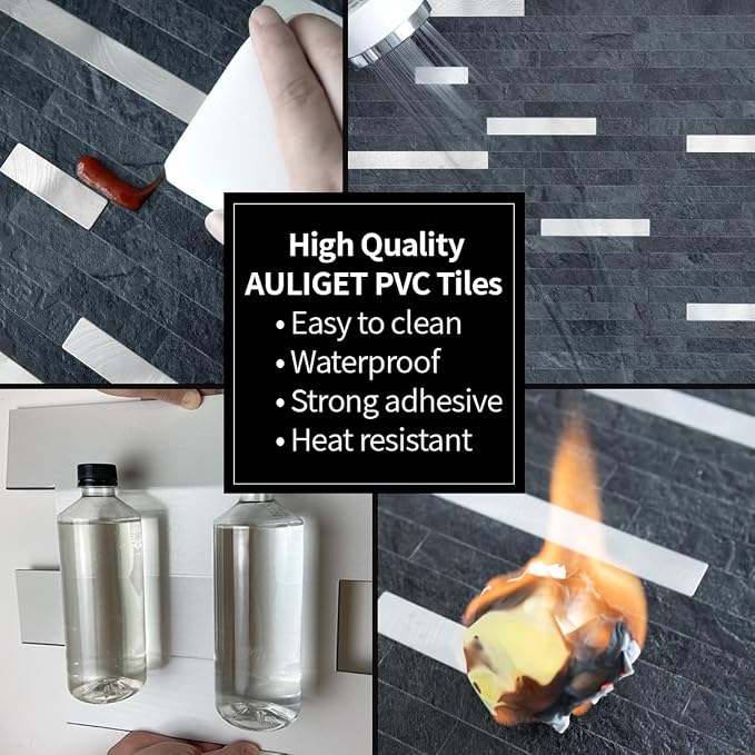 AULIGET 2 Sheets Black Slate Peel and Stick Backsplash, PVC Mixed Metal Silver Wall Tile Stick on Backsplash for Kitchen and Bathroom - Image 5
