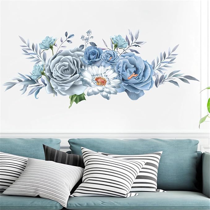 Blue-Gray Peony Flower Wall Stickers Floral Art Plants Wall Decals | Removable Vinyl Peel and Stick for Living Room Bedroom Children's Room Kitchen Sofa TV Background Home Decor - Image 4