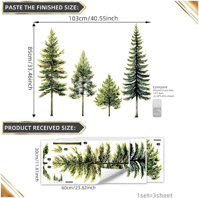 Lilaca Pine Tree Wall Art Peel and Stick Gold Stamping Walls Murals Decor | Large Pine Tree Wall Decal 38" Wall Stickers for Living Room Bedroom Classroom Nursery (Green Gold) - Image 5