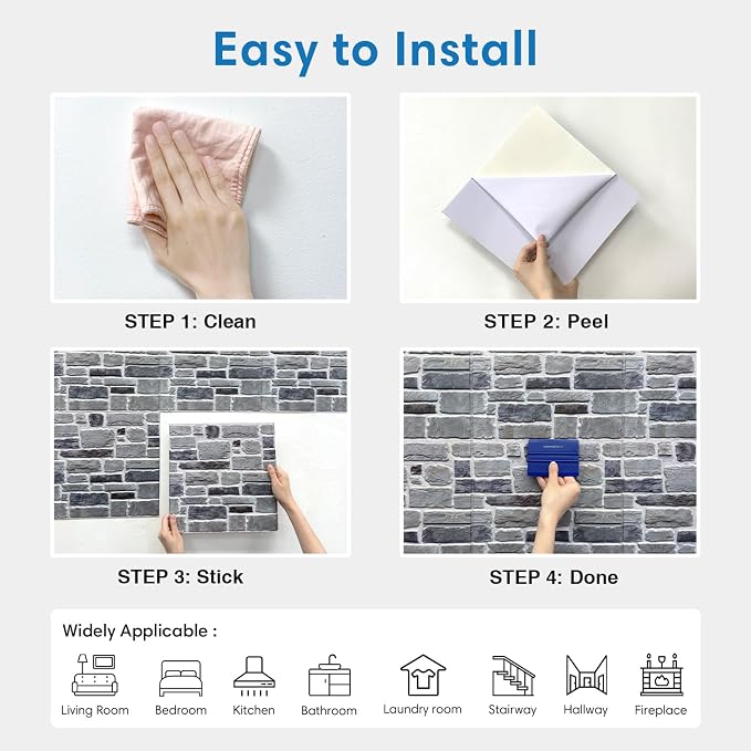 COMSTICKC 3D Peel and Stick Faux Stone Wall Panels for Quick DIY Wall Decor | Gray, 10 Pcs 11.8"x11.8", Not Real Stone, Lightweight Thin PVC Sticker Designed for Interior Wall Makeover, Cover 9.7 sq ft - Image 8
