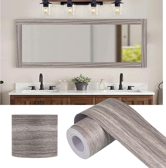 Alened 10M Grey Mirror Border Peel and Stick, Wood Grain Wallpaper Border by Alened