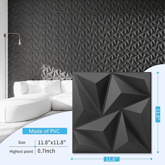 Art3d 3D Wall Panels 20 Pack, 11.8" x 11.8" (19 Sq.ft) PVC Wall Panels, Glue Up Wall Decor for Living Room, Bedroom, Office, Black - Image 2