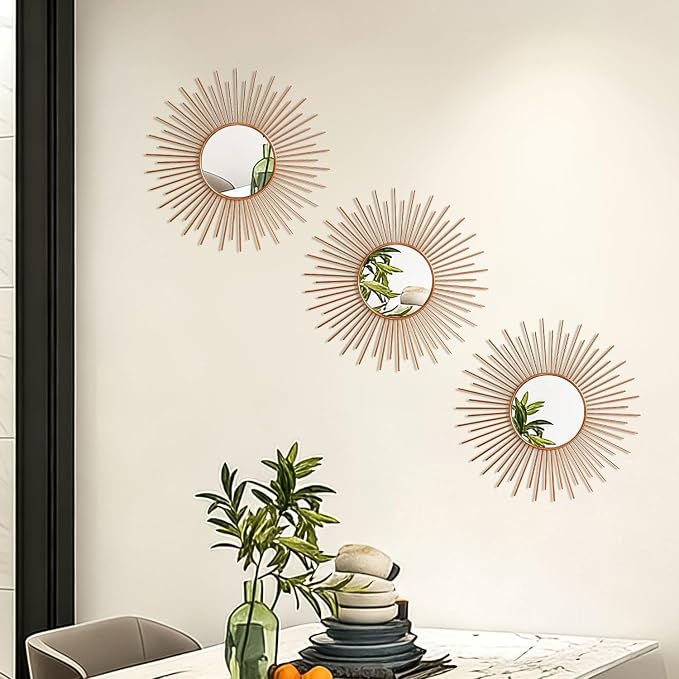 3 Pack Metal Mirrors for Wall Sunburst Wall Mirrors Home Décor Decorative Hanging Wall Art for Living Room Bedroom Entryway (Rose Gold2, Sunburst) - Image 5