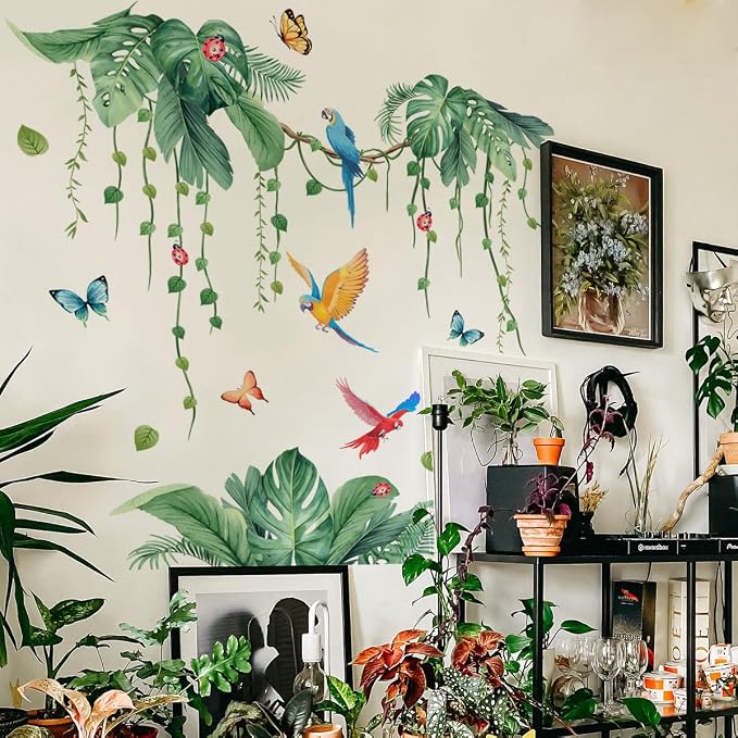 Jungle Wall Decals Peel and Stick, Large Tropical Palm Leaves & Parrot Wall Stickers, Removable Watercolor Forest Mural for Living Room, Bedroom, Nursery (Green-c) by Unknown
