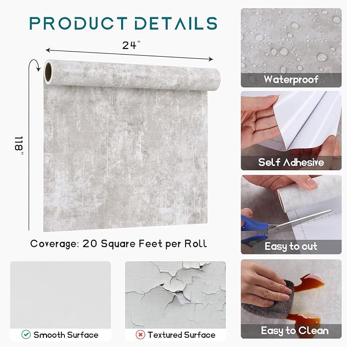 VEELIKE Distressed Concrete Wallpaper Peel and Stick Light Grey Limewash Wallpaper for Bedroom Living Room Accent Wall 24''x354'' Self Adhesive Removable Concrete Look Wall Paper for Bathroom Renters - Image 9