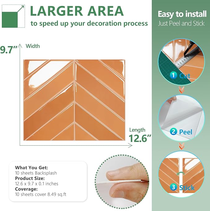 STICKGOO Herringbone Peel and Stick Backsplash, Orange, 10 Sheets | 12.6 x 9.7 in, Thicker Rectangular Vinyl Stick-On Wall Tiles, Easy Alignment, Waterproof, Easy to Clean, Kitchen/Bathroom - Image 7