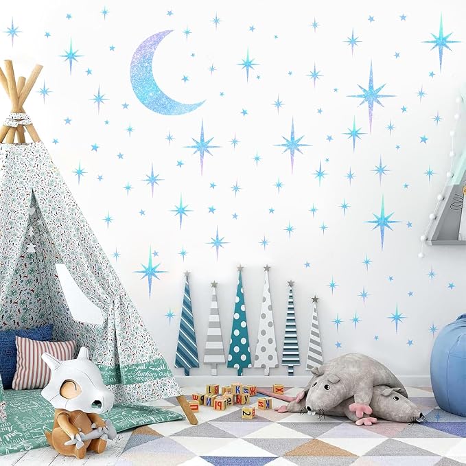 Retro Star Moon Wall Decals Sparkle Art Stickers Mid Century Modern Decor | Blue star and moon decor, peel and stick, removable vinyl art murals wallpaper, for ceiling baby boy girl bedroom living room - Image 2
