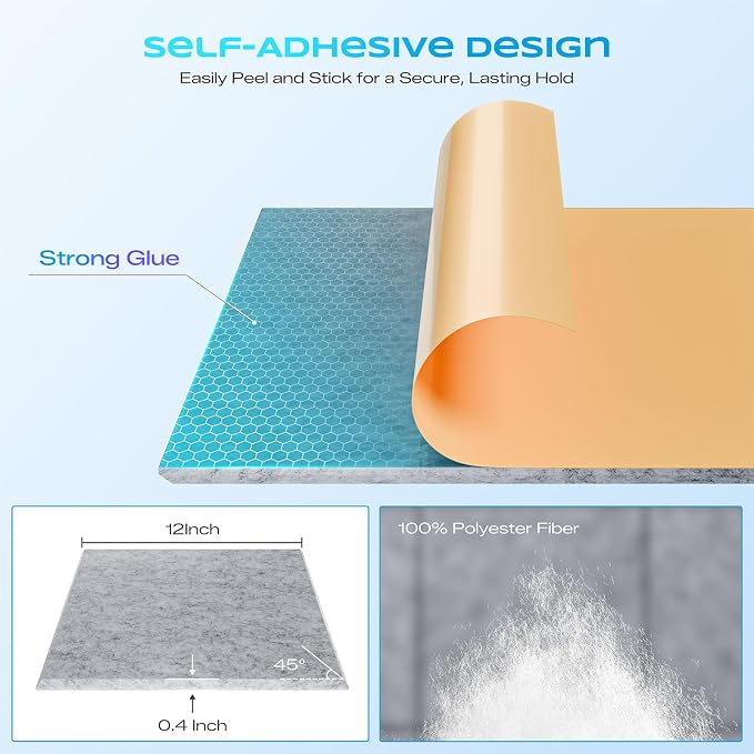 12 Pack Self-Adhesive Acoustic Panels, 12" X 12" X 0.4" High-Density Polyester Sound Proof Foam Panels for Walls, Soundproof Wall Panels for Home & Office (Sliver Gray) - Image 2