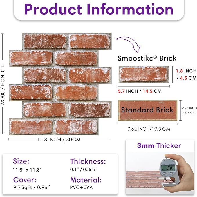 3D Faux Brick Wall Panels Peel and Stick, Designed for Quick DIY | Old Orange, 10 Pcs 11.8" x 11.8", Small Brick-Look, Ultra-Light PVC Fake Brick Covering for Wall Renovation, Cover 9.7 sq ft - Image 2
