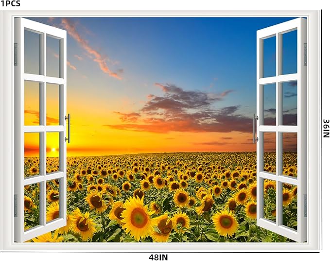 Self-Adhesive Wall Sticker Romantic Living Room Bedroom Study Office Decorative Wall Sticker Ocean Scenery Fake Window Sticker Mural (36"×48", Sunflower) - Image 6