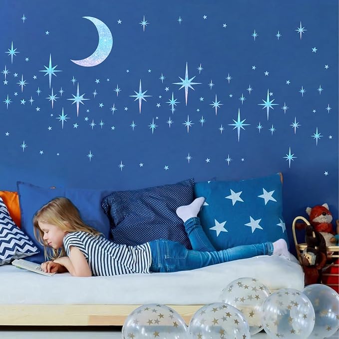 Retro Star Moon Wall Decals Sparkle Art Stickers Mid Century Modern Decor | Blue star and moon decor, peel and stick, removable vinyl art murals wallpaper, for ceiling baby boy girl bedroom living room - Image 5