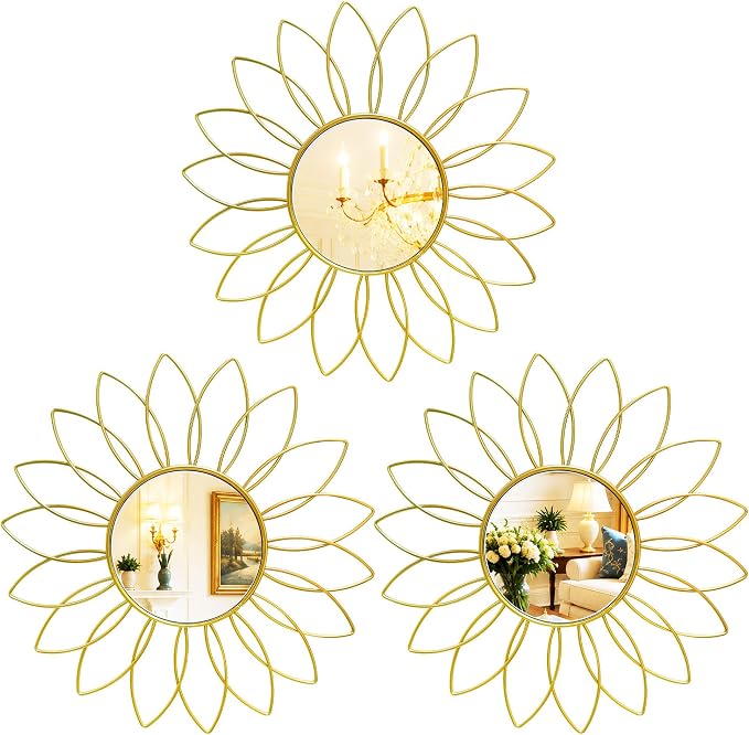 3 Pack Metal Mirrors for Wall Sunburst Wall Mirrors Home Décor Decorative Hanging Wall Art for Living Room Bedroom Entryway (Gold2, Flowers) by Uaussi