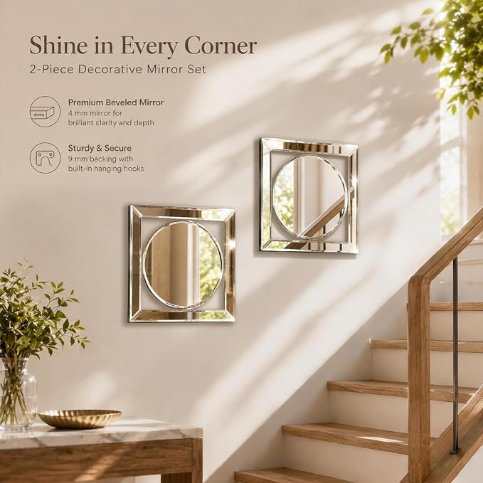 Square Decorative Wall Mirror 12 x 12 Inch, Silver Frameless Mirror Wall Decor with Beveled Edge, Modern Wall Mounted Accent Mirror for Living Room, Bedroom, Hallway, Set of 2 - Image 6