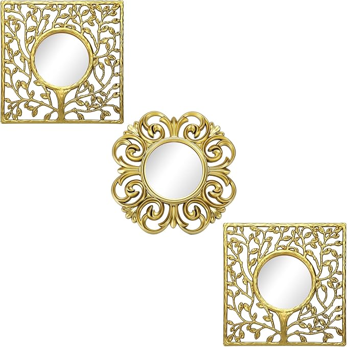 Fourluoo 3 Pack Gold Sunburst Mirrors for Wall Decor Circle Flowers Mirrors Decorative Gold Hanging Wall Art Flowers Mirror for Home Living Dinning Room Bedroom Bathroom Boho Decoration Art(Vintage) by Fourluoo