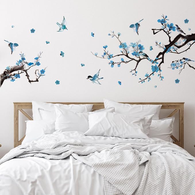 Zonon 6 Pcs Flower Wall Decals Peel and Stick Sticker, Birds | Vinyl Removable Wall Stickers & Mural, Branch and Bird Wall Decals, Blue Chinoiserie Floral Decor for Bedroom, Living Room - Image 4