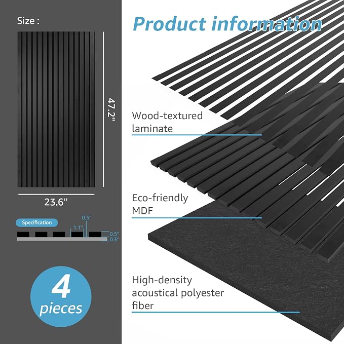Art3d 4 Pack 47.2 x 23.6in. Wood Slat Acoustic Panels for Wall and Ceiling - 3D Fluted Sound Absorbing Panel with Wood Finish - Matte Black - Image 5