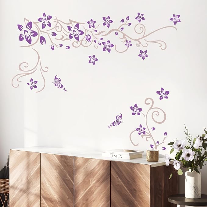 Supzone Flowers Vine Wall Decals - Purple Flowers Stickers With Butterflies, Removable Vinyl DIY Home Art for Bedroom, Living Room, Sofa Backdrop, TV Decoration - Image 5