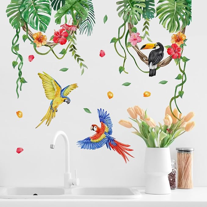 Yovkky Tropical Plant Birds Wall Decals Stickers, Monstera Palm Leaves | Parrot Toucan Home Bedroom Decor, Hanging Vines Hibiscus Flower Living Room Kitchen Decorations Art - Image 6
