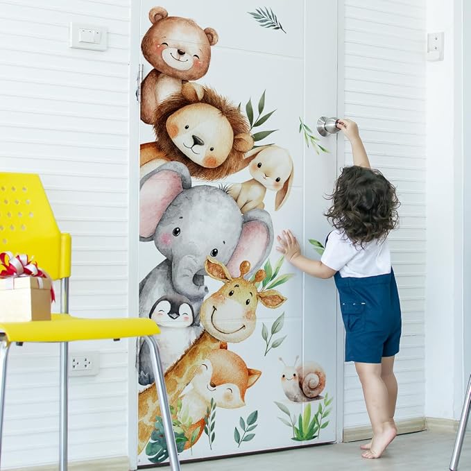 Woodland Animal Peeking Wall Decals, Removable Nursery Jungle Animals Elephant, Lion, Bear Wall Stickers for Kids, Boys and Girls Room, Bedroom & Toddler Room Door Decor (Animal Door Decals 86) - Image 3