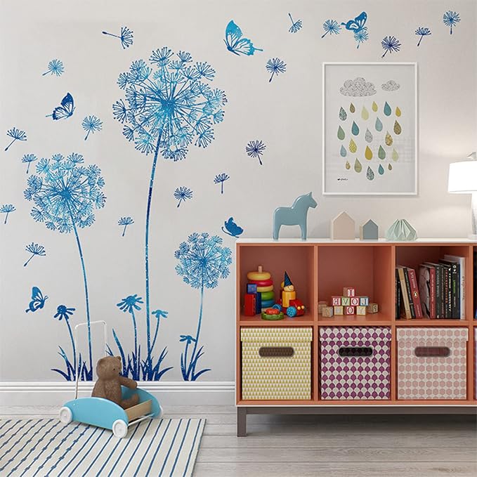Arawat 2 Set Dandelion Wall Decals - Blue Flower Stickers, Murals, Butterflies Decor for Bedroom, Office, Bathroom, Living Room - Floral Removable Peel and Stick Room Decoration - Image 6