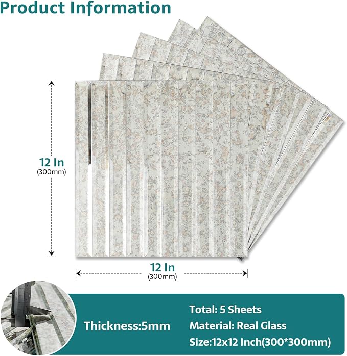 Beveled Antique Mirror Glass Tile,12x12 Inch Mirror Strip Backsplash Tiles for Kitchen Bathroom Shower Wall 5 Sheets - Image 3