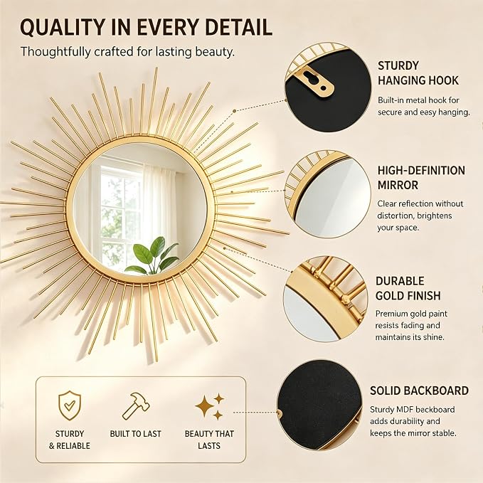 4 Pieces Gold Sunburst Wall Mirror Set Modern Metal Circles for Home Decor - Image 2