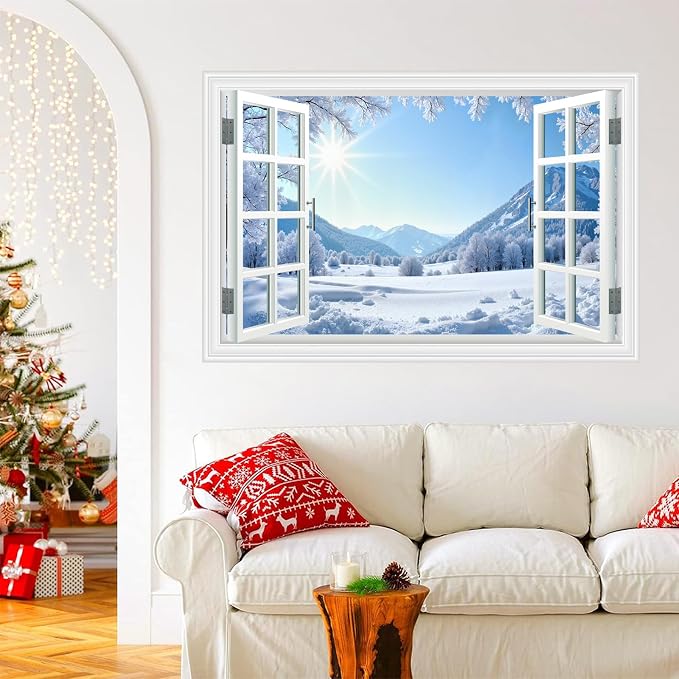 Fake Window Wall Decal- Winter Sunshine Snow Mountains Open Wall Sticker | Faux Window Conifer Forest Snowfield Natural Landscape Mural｜Stick and Peel Wall Decals｜for Home Room Scene Decor｜24"x16" - Image 5