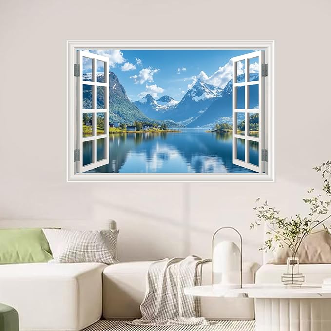 Fake Window Poster Wall Mural Sticker Mountain Lake Forest Prints Faux Window Wall Art Picture Decals Decor, Stick and Peel Landscape Natural Scenery 48" x 32" Set of 2 Sheets - Image 8