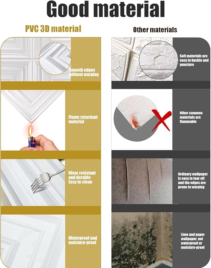 Chejiaye 12 Pack PVC Ceiling Tiles 19.7"x19.7" – Golden Mirror & White 3D Wall Panels for Wall and Ceiling Decoration,Cover 32.3 Sq.Ft – Waterproof,Lightweigh - Image 8