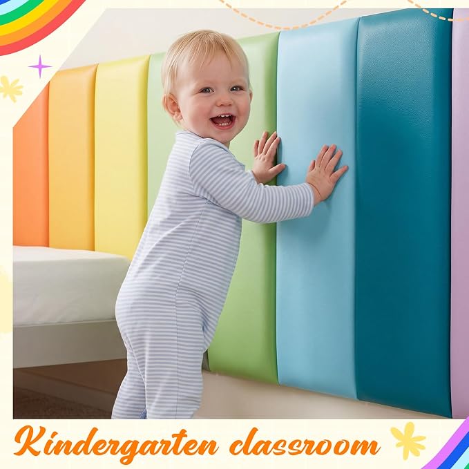 Hahafelt 8 Pack Wall Padding for Playroom Peel and Stick Headboard 19.69" x 7.87" x 1.18" 3D Anti Collision Upholstered Wall Panels Self Adhesive Headboard Panel for Protection (Rainbow Colors) - Image 7