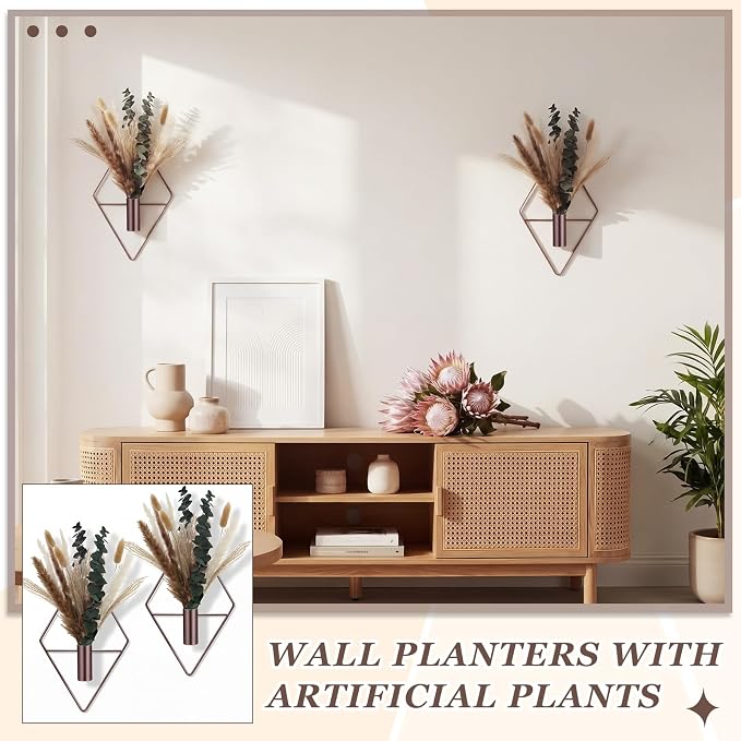 Jexine 8 Pcs Hanging Artificial Planters Wall Decor, Bronze, Pampas | Bathroom Wall Decor, Geometric Metal Vase, Indoor Plants, Living Room, Home Office, Entryway, Boho Accent, Wall Mounted - Image 6