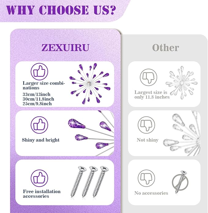 ZEXUIRU 4 Set Silver Starburst Wall Art for Home Decor Metal Bling Crystal Rhinestones Sunburst Wall Decor Sparkling Rhinestone Art Accent -Purple 13in/11.8in/9.8in/9.8in - Image 7