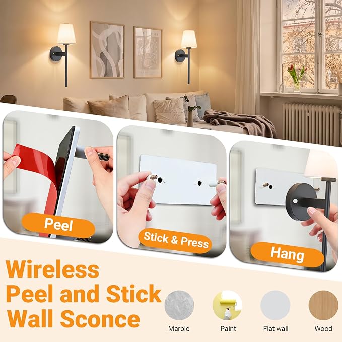 Nekhung Battery Operated Wall Sconce, Peel and Stick Sconces Set of 2 | Wireless Adhesive Stick On Wall Sconce, 10000mAh Rechargeable RGB Bulb with Remote, No Drill Wall Light for Bedroom Decor - Image 3
